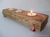 Free Shipping, Beautiful New Handmade Driftwood 3 Tea light Candle Holder Made from Reclaimed Native Chilean Wood. Candelabra, Candlestick, Tealight with Copper Legs and Copper Nails