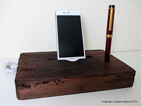 Reclaimed Tsunami Wood Phone Dock Stand Wooden Phone Docking Station Rauli Reclaimed Wood iPhone Dock Cell Phone Cable holder Iphone 3 4 5 6 - Imagina Natural