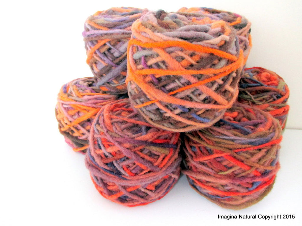 Limited Edition Handspun Hand dyed yarn Bulky Chilean Wool Knitting Multicolour Araucania Chunky Skein Orange Purple Brown 100g 3.5oz - Imagina Natural